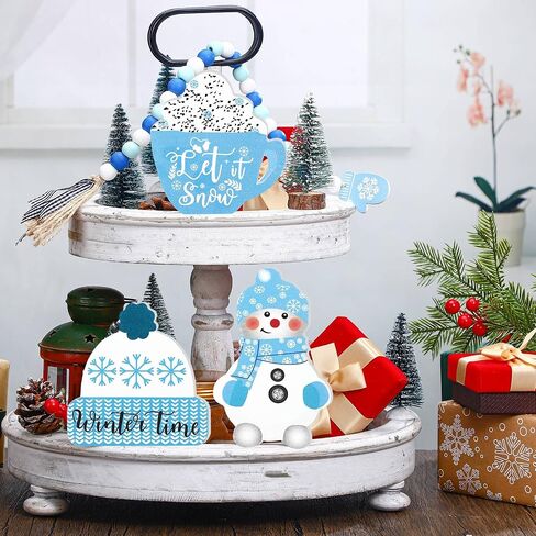 9 Pieces Winter Tiered Tray Decor Set Christmas Tiered Tray Decor Blue Hello Winter Sign Christmas Snowflake Table Wood Sign Farmhouse Tabletop Signs for Winter Home Table Christmas Holiday in Saudi Arabia