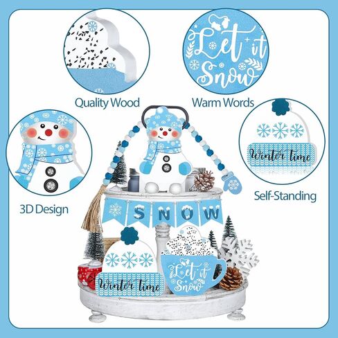 9 Pieces Winter Tiered Tray Decor Set Christmas Tiered Tray Decor Blue Hello Winter Sign Christmas Snowflake Table Wood Sign Farmhouse Tabletop Signs for Winter Home Table Christmas Holiday in Saudi Arabia