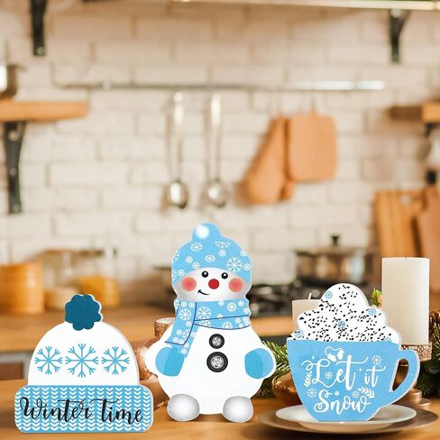 9 Pieces Winter Tiered Tray Decor Set Christmas Tiered Tray Decor Blue Hello Winter Sign Christmas Snowflake Table Wood Sign Farmhouse Tabletop Signs for Winter Home Table Christmas Holiday in Saudi Arabia