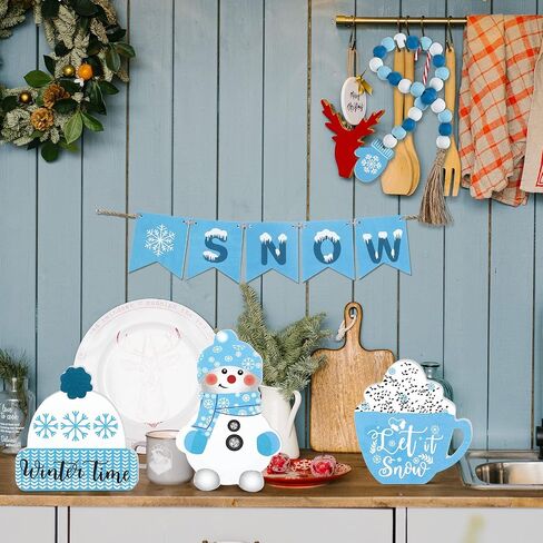 9 Pieces Winter Tiered Tray Decor Set Christmas Tiered Tray Decor Blue Hello Winter Sign Christmas Snowflake Table Wood Sign Farmhouse Tabletop Signs for Winter Home Table Christmas Holiday in Saudi Arabia