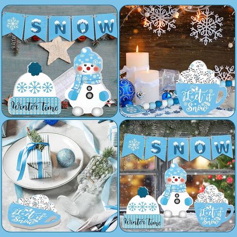 9 Pieces Winter Tiered Tray Decor Set Christmas Tiered Tray Decor Blue Hello Winter Sign Christmas Snowflake Table Wood Sign Farmhouse Tabletop Signs for Winter Home Table Christmas Holiday in Saudi Arabia