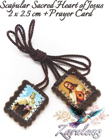 Catholic Scapular Brown Wool Rectangular Icon Handmade Sacred Heart of Jesus with Our Lady Mt Carmel by Zaraleas (2cm x 2.5cm) in Saudi Arabia