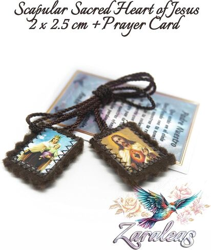 Catholic Scapular Brown Wool Rectangular Icon Handmade Sacred Heart of Jesus with Our Lady Mt Carmel by Zaraleas (2cm x 2.5cm) in Saudi Arabia