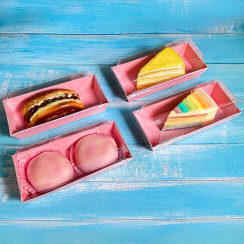 صندوق فطائر مستطيل باللون الوردي مقاس 7.5 بوصة من CHERRY مع أغطية آمنة شفافة، وصناديق آمنة للمخبز مقاس 7.5 × 3.3 بوصة للأغذية وصناديق الحلوى الصغيرة التي يمكن التنقل بها، وحاوية شريحة كعكة ساندويتش من صندوق الورق in Kuwait