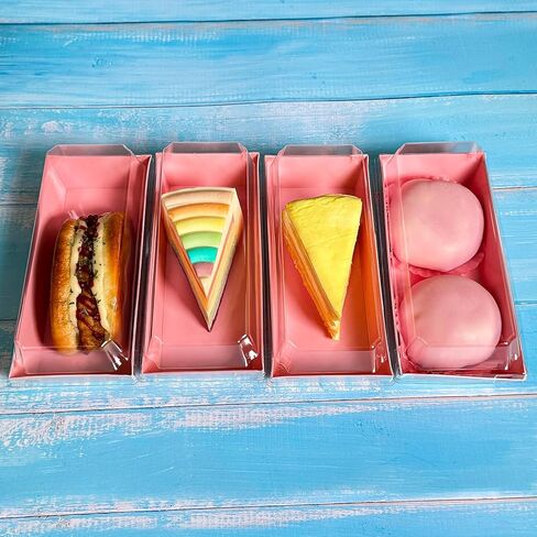 صندوق فطائر مستطيل باللون الوردي مقاس 7.5 بوصة من CHERRY مع أغطية آمنة شفافة، وصناديق آمنة للمخبز مقاس 7.5 × 3.3 بوصة للأغذية وصناديق الحلوى الصغيرة التي يمكن التنقل بها، وحاوية شريحة كعكة ساندويتش من صندوق الورق in Kuwait