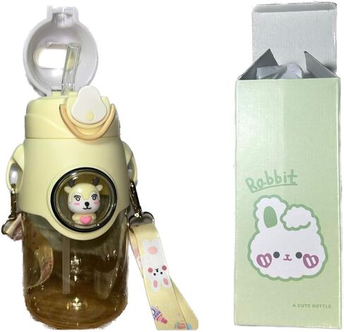 Kawaii Bear Water Bottle with Straw and Shoulder Strap,and Sticker pack 20 oz Kawaii Water Bottle Portable Leakproof Water Bottle for School (yellow) in Saudi Arabia