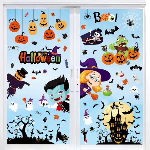 Halloween Window Clings 10 Sheets 226pcs Double-Sided Halloween Window Decorations Spooky Witch Pumpkin Ghost Monster Window Silhouettes Decal for Glass Door Decor Home Kids Party Decor in Saudi Arabia