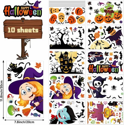 Halloween Window Clings 10 Sheets 226pcs Double-Sided Halloween Window Decorations Spooky Witch Pumpkin Ghost Monster Window Silhouettes Decal for Glass Door Decor Home Kids Party Decor in Saudi Arabia