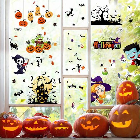 Halloween Window Clings 10 Sheets 226pcs Double-Sided Halloween Window Decorations Spooky Witch Pumpkin Ghost Monster Window Silhouettes Decal for Glass Door Decor Home Kids Party Decor in Saudi Arabia