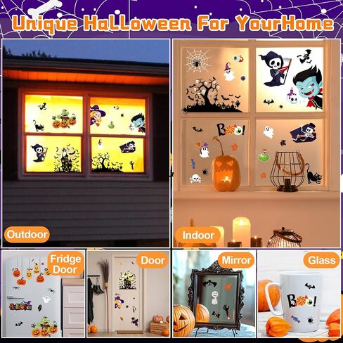 Halloween Window Clings 10 Sheets 226pcs Double-Sided Halloween Window Decorations Spooky Witch Pumpkin Ghost Monster Window Silhouettes Decal for Glass Door Decor Home Kids Party Decor in Saudi Arabia