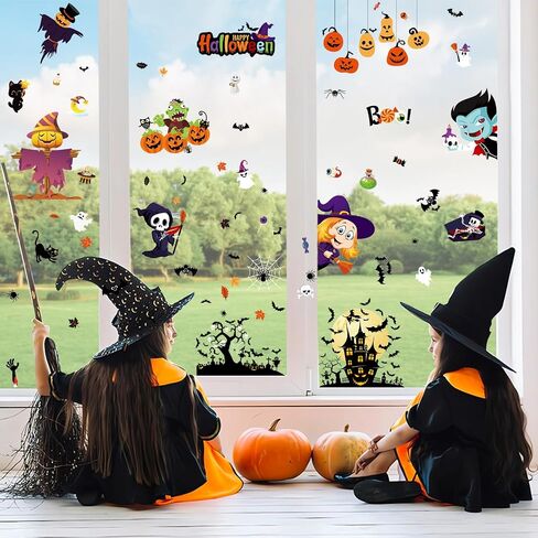 Halloween Window Clings 10 Sheets 226pcs Double-Sided Halloween Window Decorations Spooky Witch Pumpkin Ghost Monster Window Silhouettes Decal for Glass Door Decor Home Kids Party Decor in Saudi Arabia