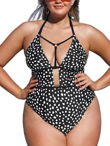 CUPSHE Plus Size Swimsuit for Women One Piece Bathing Suit Halter Cutout Strappy Irregular Dots Print in Saudi Arabia