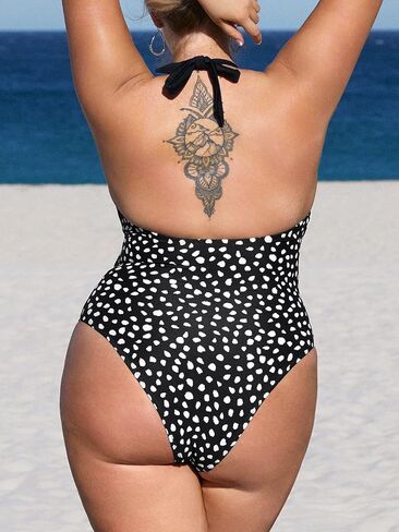 CUPSHE Plus Size Swimsuit for Women One Piece Bathing Suit Halter Cutout Strappy Irregular Dots Print in Saudi Arabia