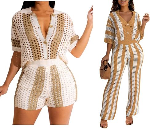 KANSOON ملابس رياضية نسائية صيفية مكونة من قطعتين من نسيج الكروشيه وأزرار سفلية مقاس كبير in Kuwait