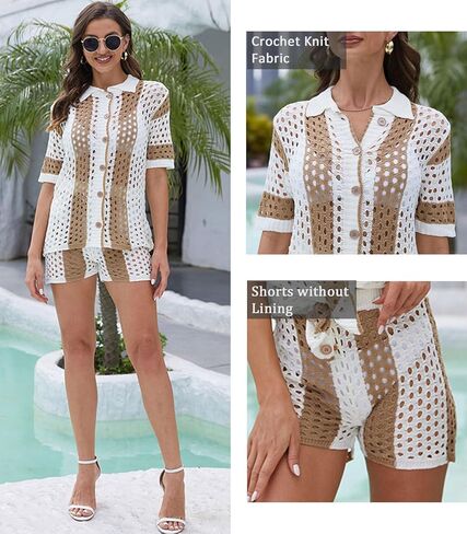 KANSOON ملابس رياضية نسائية صيفية مكونة من قطعتين من نسيج الكروشيه وأزرار سفلية مقاس كبير in Kuwait