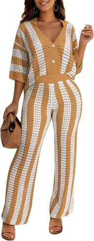 KANSOON ملابس رياضية نسائية صيفية مكونة من قطعتين من نسيج الكروشيه وأزرار سفلية مقاس كبير in Kuwait