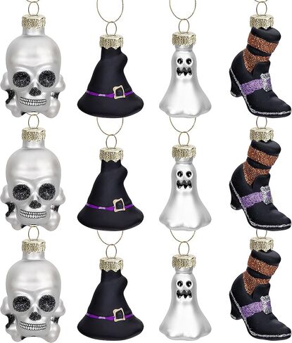12 قطعة من زخارف يوم الموتى الزجاجية المعلقة - زخارف جمجمة السكر Dia De Los Muertos - رأس هيكل عظمي معلق للهالوين لتزيين شجرة عيد الميلاد والهالوين (12 قطعة قبعة) in Kuwait
