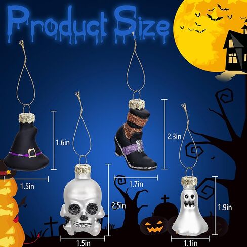 12 قطعة من زخارف يوم الموتى الزجاجية المعلقة - زخارف جمجمة السكر Dia De Los Muertos - رأس هيكل عظمي معلق للهالوين لتزيين شجرة عيد الميلاد والهالوين (12 قطعة قبعة) in Kuwait