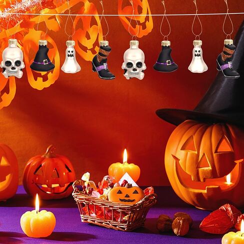 12 قطعة من زخارف يوم الموتى الزجاجية المعلقة - زخارف جمجمة السكر Dia De Los Muertos - رأس هيكل عظمي معلق للهالوين لتزيين شجرة عيد الميلاد والهالوين (12 قطعة قبعة) in Kuwait