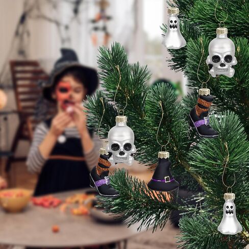 12 قطعة من زخارف يوم الموتى الزجاجية المعلقة - زخارف جمجمة السكر Dia De Los Muertos - رأس هيكل عظمي معلق للهالوين لتزيين شجرة عيد الميلاد والهالوين (12 قطعة قبعة) in Kuwait