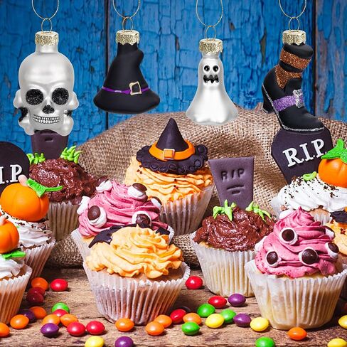 12 قطعة من زخارف يوم الموتى الزجاجية المعلقة - زخارف جمجمة السكر Dia De Los Muertos - رأس هيكل عظمي معلق للهالوين لتزيين شجرة عيد الميلاد والهالوين (12 قطعة قبعة) in Kuwait