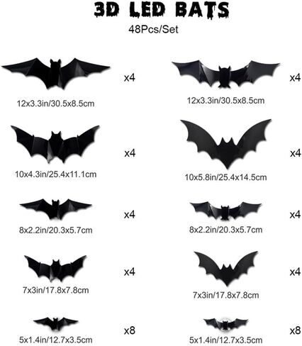 48pack Luminous 3D Bats Stickers, Halloween Wall Decorations, Waterproof Scary Bats Wall Decals DIY Home Window Decor, Removable Bats Stickers for Indoor Outdoor in Saudi Arabia