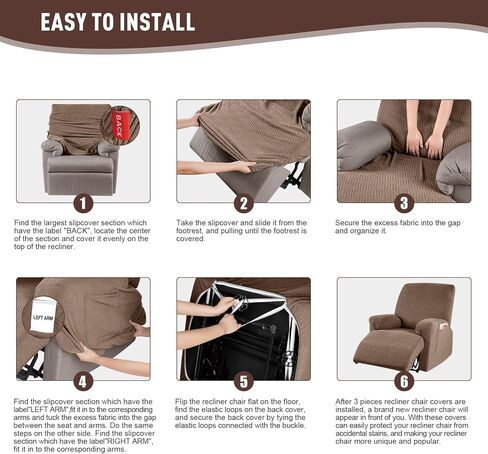 KinCam 3 Pieces Recliner Chair Covers, Stretch Reclining Chair Covers, Sofa Slipcovers Stripe Jacquard Recliner Covers Furniture Protector Covers with Elastic Bottom for Kids, Pets (Milk Coffee) in Saudi Arabia