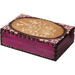 Artisan Owl Hand Carved Wildflower Design Violet Purple Polish Wooden Box with Felt Lined Interior