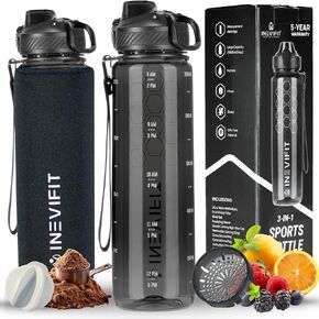 INEVIFIT 3-in-1 Sports Water Bottle 34oz 1L Hydration Tracking Water Bottles with Daily Time Marker BPA Free Tritan Leak Proof with Fruit Infuser Filter, Mixer Ball, Insulating Sleeve & Carrying Strap