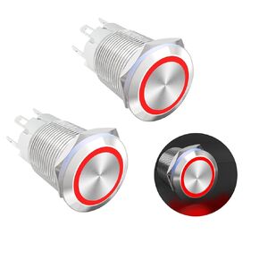 Latching Push Button Switch 3V 6V Waterproof Stainless Steel Metal 3/4" Mounting Hole Red LED SPST Switch for Electrical Equipment, 2 Pcs, Flat Round