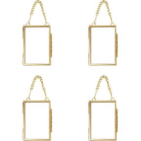 Emivery 4Pcs Mini Metal Picture Frame Antique Gold Floating Glass Picture Frame Small Vintage Artwork Hanging Picture Display Frame with Chain for Family Tree Mini Photo 2 X 3 Inch