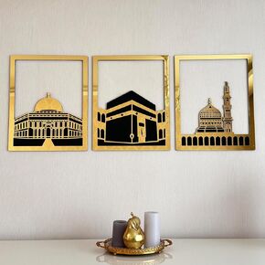 iwa concept Masjid Al Aqsa, Kaaba & Masjid An-Nabawi Islamic Wall Art, Wooden Blessed Places Islamic Wall Decor, Gift for Muslims at Ramadan Eid (Large, Gold | All Three)