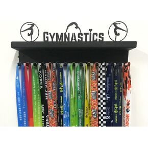 Three Figure Gymnastics Medal Holder Display Awards and Trophy Shelf Rack Case Ribbon Hanger with 3" Metal Shelf and Hooks, Great Gift for Gymnasts