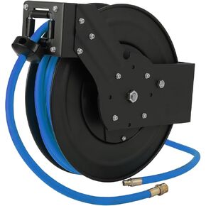 3/8 In x 25 Ft Retractable Air Hose Reel - Strong Hybrid Hose, Effortless Auto Rewind, 180° Mount Bracket, Durable Construction Ceiling/Wall Mount Heavy Duty Double Arm Steel Reel