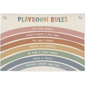 Playroom Wall Decor, Playroom Rules Banner, Boho Rainbow Canvas Banner Wall Hanging Banner Flag Decor for Nursery Classroom Playroom Kids Room, Playroom Essentials