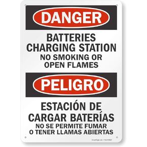 Smartsign S-6034-PL-14 "Danger: Batteries Charging Station No Smoking" Plastic Sign, Bilingual, 14" x 10", Black/Red on White