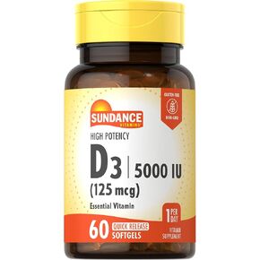 Sundance D3 5,000 IU (125 mcg) | 60 Quick Release Softgels | High Potency Essential Vitamin Supplement | Non-GMO and Gluten Free