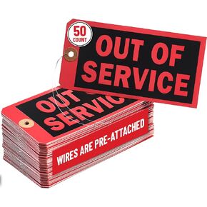Out of Service Tags with Pre-Attached Wire Hangers, Set of 200 Equipment Repair and Inspection Tags, 13 pt Red Cardstock Hang Tag with Reinforced Eyelets, 6.22"x3.15"