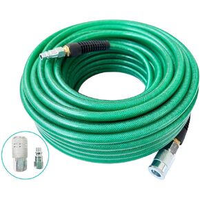 Polyurethane(PU) Reinforced 3/8"ID x 100ft, Air Hose, Non-kinking with 3/8" Reassembled Industrial High Flow Quick Coupler and Plug, Bend Restrictor, Dark Green(100’)