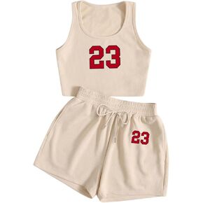 Verdusa Women's Scoop Neck Crop Tank Top and Track Shorts 2 Piece Letter Print Tracksuit Set
