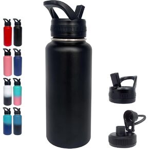 1pack 32 oz Insulated Water Bottle With Straw, Stainless Steel Sports Water Cup Flask with 2 Lids, Wide Mouth Travel Thermal Mug,Black