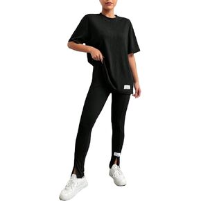 GORGLITTER Women's 2 Piece Outfits Letter Patched Half Sleeve T Shirt and Split Leggings Set