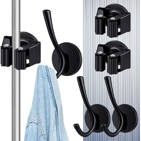 4 Pcs Magnetic Double Hooks Magnetic Coat Hooks Magnetic Mop Broom Holder Movable Magnetic Broom Holder Rack for Garage Kitchen Laundry Garden