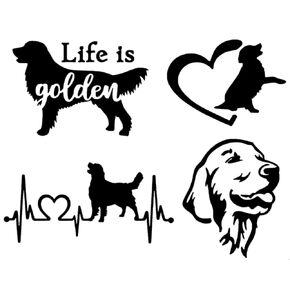 Golden Retriever Decal 4 Pack: Life is Golden, Golden Retriever Heartbeat, Golden Heart, Detailed Golden Retriever (Small ~3", White)