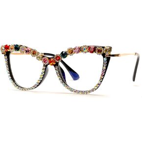 bullabulling Cat Eye Bling Colorful Rhinestone Reading Glasses For Women Blue Light Blocking Computer Eyewear