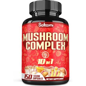 Satoomi 10in1 Mushroom Complex Supplements - 5 Month Supply - Blended with Lions Mane, Cordyceps, Reishi, Chaga, Maitake, Shitake & Others -Brain Support - 150 Capsules