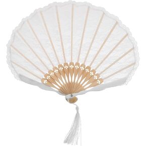 LOGOFUN Lace Hand Fan Lace Folding Fan with Tassel Vintage Handheld Fan Dancing Foldable Fan Prop for Women Girls Party Supplies - White