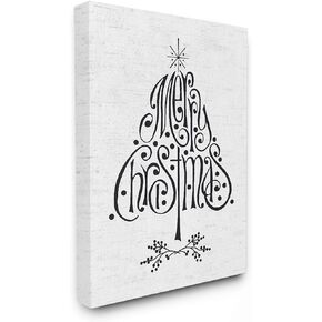 The Stupell Home Décor Collection Holiday Merry Christmas Black and White Typography Tree Stretched Canvas Wall Art, 16 x 20, Multi-Color