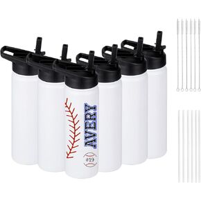 6 Pack Sublimation Water Bottle Blanks, 24oz Personalized Water Bottles Bulk with Handle & Straw Lid, Stainless Steel, Lightweight for Sports Travel Gym Running, DIY Gift for Teacher Nurse, White