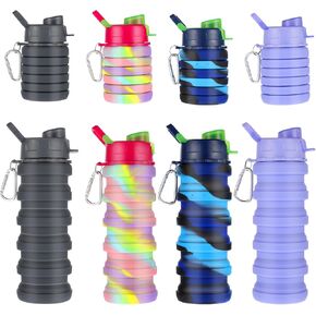 MAQUITA 4 Pcs Collapsible Water Bottles 16 oz Portable Foldable Water Bottles Silicone Leak Proof Travel Water Bottle Reusable Sports Water Bottle with Metal Clip for Camping Hiking Travel
